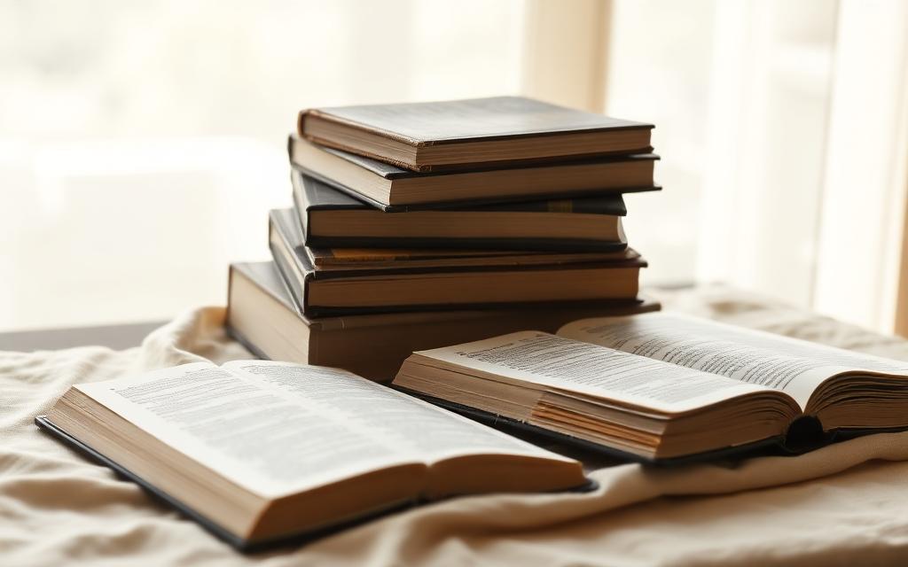 Stack of books beside an open Bible in warm natural light