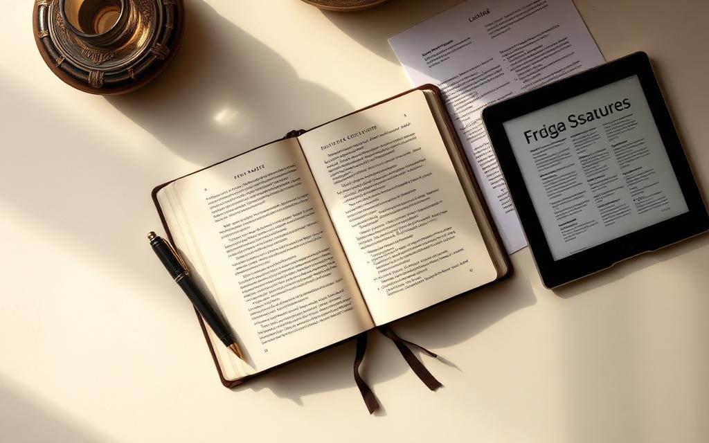 Open journal, pen and printed guides on an ivory desk